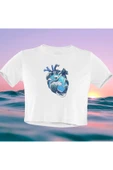 playbackmoda Crop-top Deniz Dalga Kalp Baskılı Yarım Tişört thumbnail 2