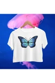 playbackmoda Crop-top Mavi Kelebek Baskılı Yarım Tişört thumbnail 1
