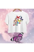 playbackmoda Crop-top Renkli Kelebekler Baskılı Yarım Tişört thumbnail 1
