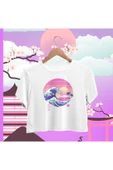 playbackmoda Crop-top Japon Dalga Güneş Baskılı Yarım Tişört thumbnail 1