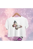 playbackmoda Crop-top Renkli Kelebek Baskılı Yarım Tişört thumbnail 1