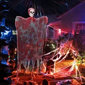 Nessiworld Led Işıklı Kahkaha Atan Sesli Sensörlü Ürpertici Kuru Kafa Kanlı Korku Hayalet Saçaklı Dekor 90x50 cm thumbnail 3