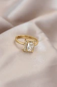 Ayarlamalı Gold Renk Metal Zirkon ve Kristal Taşlı Dikdörtgen Model Yüzük - TJ-BYK2068 - 1