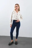 Kadın Ekru Crop Kesim Jean Ceket - 4