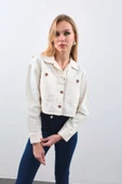 Kadın Ekru Crop Kesim Jean Ceket - 4