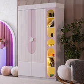 Gardırop, Vira 2 Kapaklı Dolap ve Ledli Kitaplık - Pembe - 1