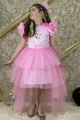 Kız Çocuk Üzeri Karlar Kraliçesi Digital Baskı Kat Kat Tüllü Pembe Elbise thumbnail 2