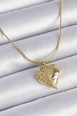 316L Çelik Zincir Gold Renk Zirkon Taşlı Kalp Kanat İşlemeli Kadın Kolye - TJ-BKO9340 - 1