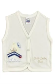 BABY KİDS COLORS Erkek Bebek Gemi Nakışlı Organik Pamuklu 3-6-9 Ay Penye Bebek Yelek - Ekru - 1