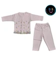 BABY KİDS COLORS Çiçek nakışlı kız ikili takım fitilli kumaş - 1