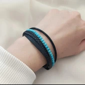 Doğaltaş Deri Bileklik Turkuaz Taşı Unisex (20 cm) Örgü Çoklu Bilezik - 2