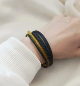 Doğaltaş Deri Bileklik Sarı Ceyt Taşı Unisex (20.5 ) Örgü Çoklu Bilezik - 2