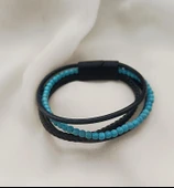 Doğaltaş Deri Bileklik Turkuaz Taşı Unisex (20 cm) Örgü  Çoklu Bilezik - 4