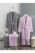 Unisex 4'lü Bornoz Set Nakışlı Baş Havlulu Çeyiz Seti Hamam Seti Banyo Seti  %100 Pamuk - 1