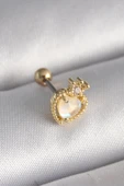 316L Çelik Gold Renk Beyaz Mineli Kalp Zirkon Taş Detaylı Taç Tragus Piercing - TJ-PR1262 - 1