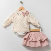 Kız Bebek Takım Ekru 3'lü Set: %100 Organik Pamuk Fiyonklu File Kazak+Katlı Etek+İç Body - 1