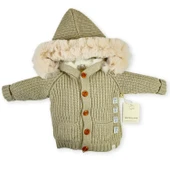 Unısex Kapşonlu Kürklü Astarı Yünlü Premium Bebek Hırka - 3