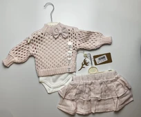 Kız Bebek Takım Pembe 3'lü Set: %100 Organik Pamuk Fiyonklu File Kazak+Katlı Etek+İç Body - 1