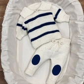 Indıgo Mavı Doğal Yünden Çizgili Alt Üst Erkek Bebek Takım - 1