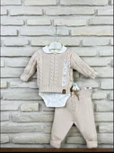 Bebek Takım Bej 3'lü Set: Triko Hırka+Pantolon+İç Body %100 Organik Pamuk - 1