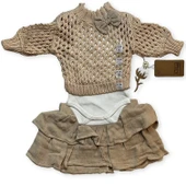 Kız Bebek Takım Bej 3'lü Set: %100 Organik Pamuk Fiyonklu File Kazak+Katlı Etek+İç Body - 2