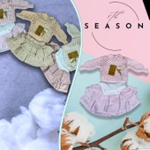 Kız Bebek Takım Pembe 3'lü Set: %100 Organik Pamuk Fiyonklu File Kazak+Katlı Etek+İç Body - 2