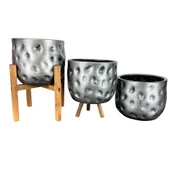 Bitki Tasarımı Ev Dekorasyon Aksesuar Gümüş Desenli Toprak Saksı Saksılık Salon Çiçeklik Üçlü Set 19 CM - 3