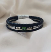 Bileklik Hakiki Deri Örgü Unisex 20 cm Cam Nazar Boncuklu Bilezik Takı Aksesuar - 4