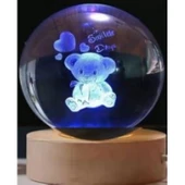 Dekoratif Ayıcık Tasarımlı Ahşap altlıklı Işıklı Cam Küre Büyük Boy Cam:8cm Ahşap:2cm - 1