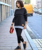 Lucky Life Kadın Siyah Kapşonlu Etek Ucu Detay Arma Ters Dikiş Gorunumlu Ikili Takım thumbnail 2