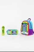 Gökkuşağı Desenli Üçlü Anaokul Çantası Seti(Anaokul Sırt Çantası, Çift Gözlü Kalem Kutusu, Matara) thumbnail 1