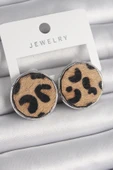 Pirinç Gümüş Renk Daire Plaka Model Leopar Desenli Kadın Küpe - TJ-BKP9890 - 1