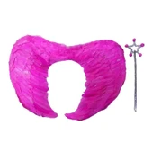 Gerçek Tüylü Katlanabilir Çocuk Pembe Melek Kanadı ve Asa Seti 40x55 cm - 1