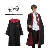 Harry Potter Gryffindor Kapişonlu Çocuk Kostüm + Asa + Gözlük Seti 11-12 Yaş - 1