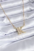 316L Çelik Gold Renk K Harf Model Zirkon Taşlı Kadın Kolye - TJ-BKO7712 - 1