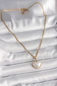 316L Çelik Gold Renk Zincir 3D İnci Kalp Model Kadın Kolye - TJ-BKO9770 - 2