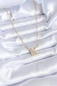 316L Çelik Gold Renk K Harf Model Zirkon Taşlı Kadın Kolye - TJ-BKO7712 - 2