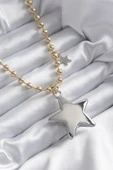 Pirinç Gold Renk Topçuk Zincir Gümüş 3D Yıldız Model Yıldız Detay VİP Kadın Kolye - TJ-BKO7887 - 1