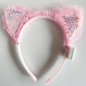 Kenarları Dantelli Pembe Pullu Payetli Led Işıklı Kedi Kulak Taç 17x19 cm - 1