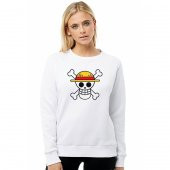 Anime One Piece Logo Baskılı Beyaz Kadın Örme Sweatshirt Uzun kol - 1