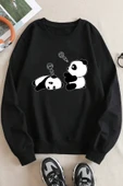 Unisex Uykucu Panda Baskılı Bisiklet Yaka Sweatshirt - 1
