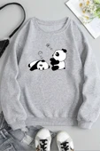 Unisex Uykucu Panda Baskılı Bisiklet Yaka Sweatshirt - 3