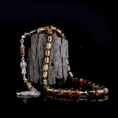 925 Ayar Gümüş Püsküllü Kapsül Kesim Çöp Fosilli Damla Kehribar Tesbih thumbnail 1