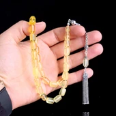 925 Ayar Gümüş Püsküllü Kapsül Kesim Şeffaf Renk Damla Kehribar Tesbih thumbnail 3