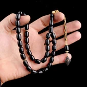 Altın Kaplama Gümüş Zirkon Taş Püsküllü Siyah Renk Kapsül Kesim Ateş Kehribar Tesbih thumbnail 3