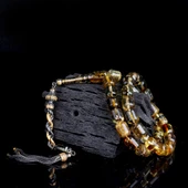 Çift Renk Gümüş Püsküllü Kapsül Kesim Fosilli Damla Kehribar Tesbih thumbnail 2