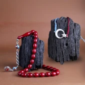 925 Ayar Gümüş Püsküllü Bordo Mavi Ateş Kehribar Ayyıldız Bileklik Kombini thumbnail 1