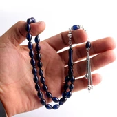 925 ayar Gümüş Püsküllü Parlament Mavisi Arpa Kesim Ateş Kehribar Tesbih thumbnail 3