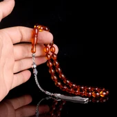 925 Ayar Gümüş Kral Püsküllü Arpa Kesim Damla Kehribar Tesbih thumbnail 4