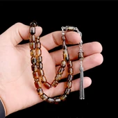 925 Ayar Gümüş Püsküllü Kapsül Kesim Çöp Fosilli Damla Kehribar Tesbih thumbnail 3